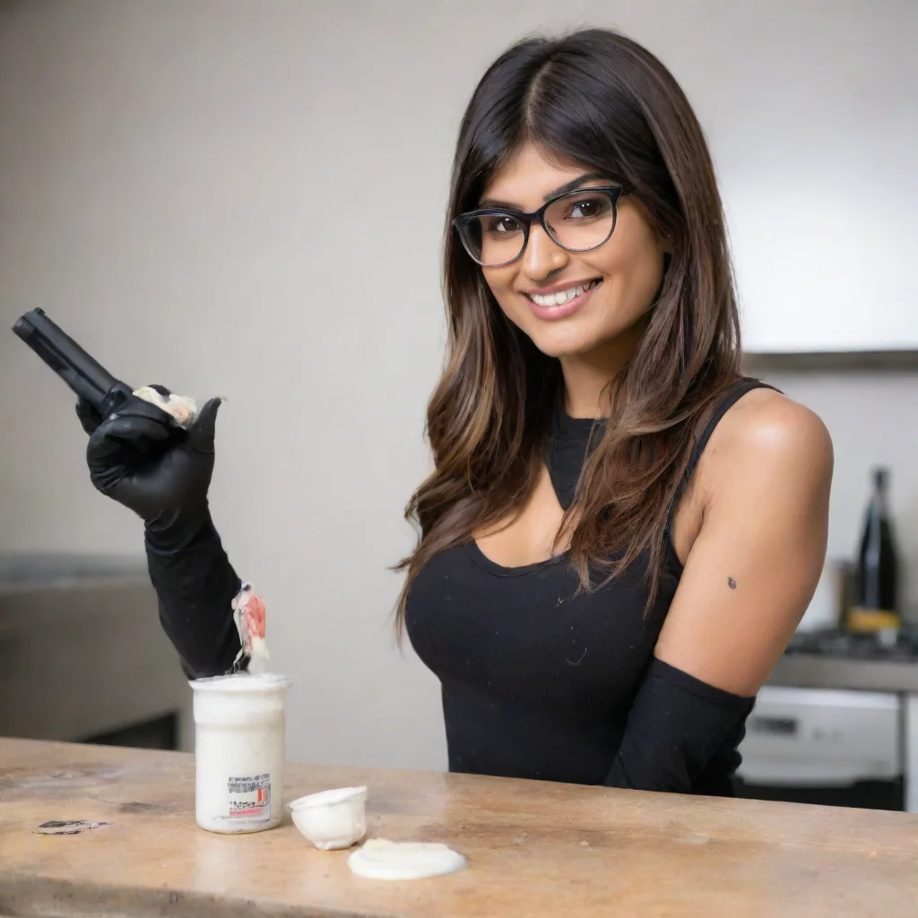 aiamazing mia khalifa smiling with  black gloves shooting splatters of mayonnaise out a gun awesome portrait 2