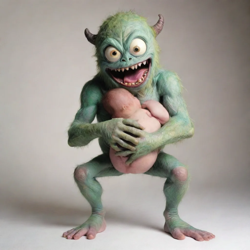 aiamazing monster holding newborn baby by its legs awesome portrait 2