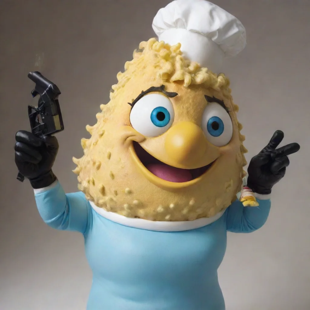 amazing mrs. puff smiling with black deluxe nitrile gloves and gun and mayonnaise splattered everywhere awesome portrait 2