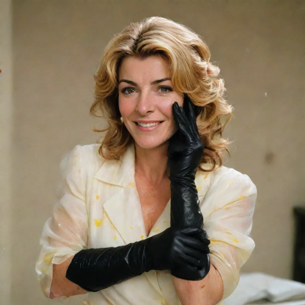 aiamazing natasha richardson smiling  with black nitrile gloves and gun and mayonnaise splattered everywhere awesome portrait 2