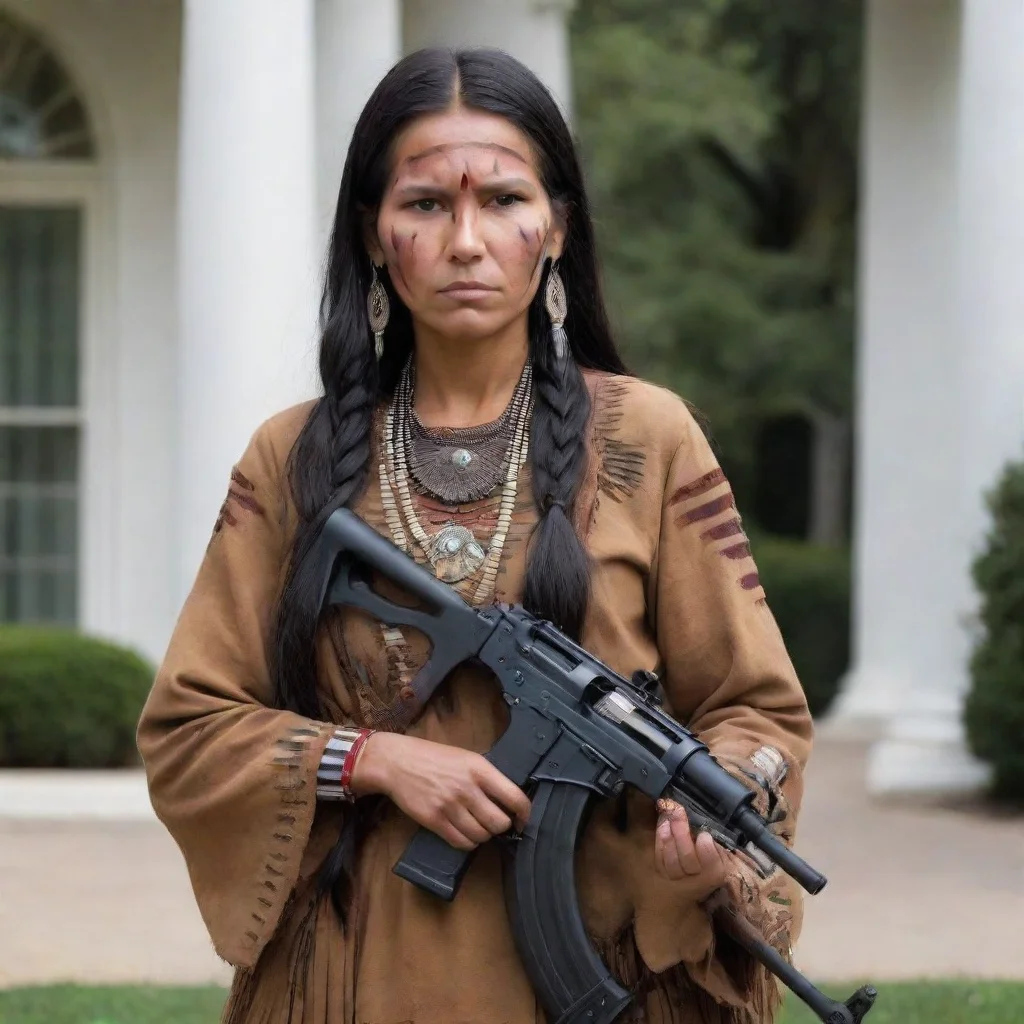 aiamazing native american apache lady holding an ak47 taking over the white house. awesome portrait 2