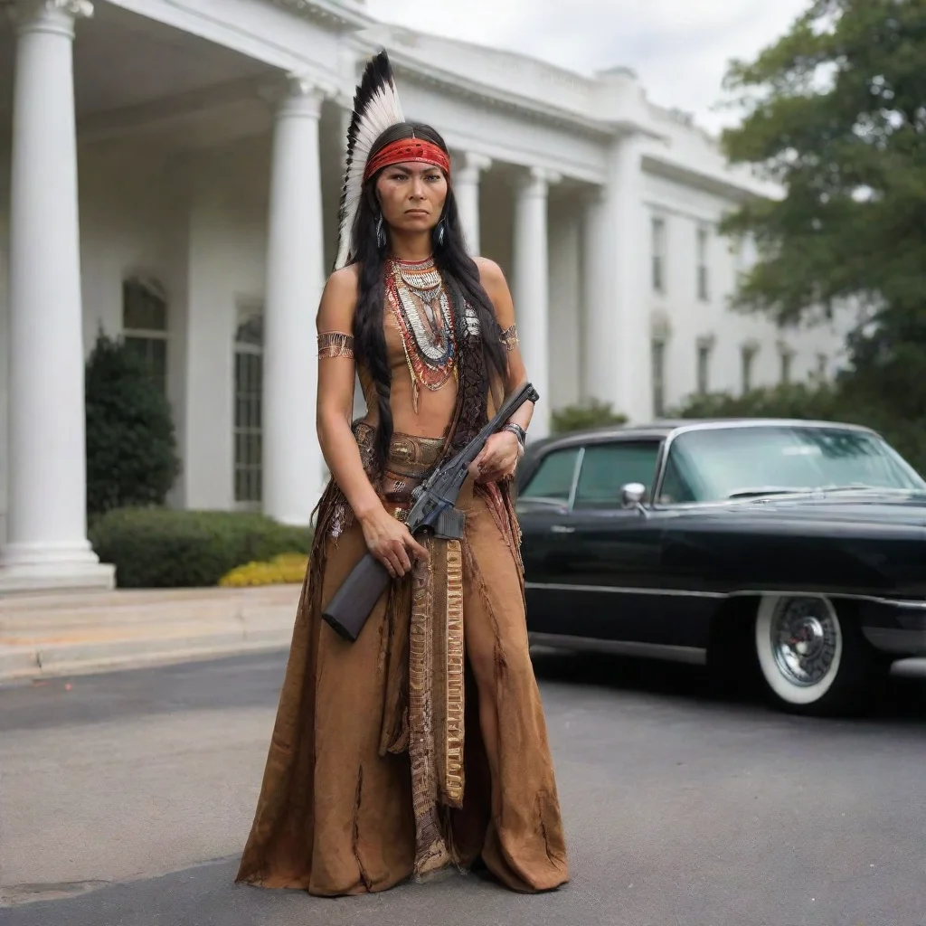 aiamazing native american apache lady holding an ak47 taking over the white house. smoking a blunt. with a 1959 cadillac in the driveway. awesome portrait 2