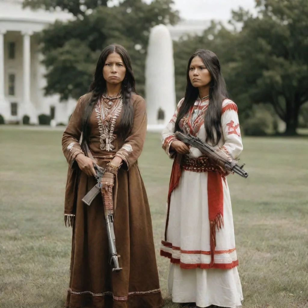 aiamazing native american apache lady holding an ak47 to a kkk member on the white house lawn. awesome portrait 2