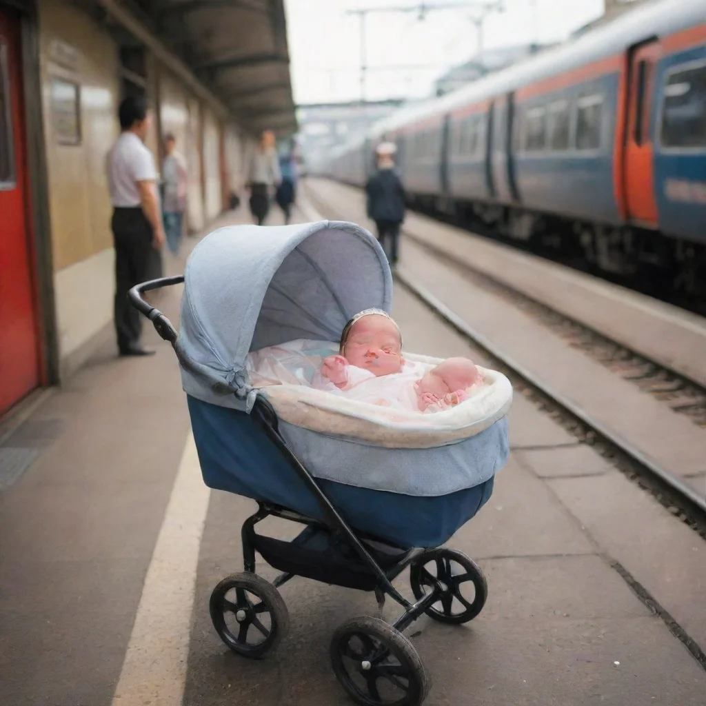 aiamazing newborn baby in a buggy on a train platform awesome portrait 2