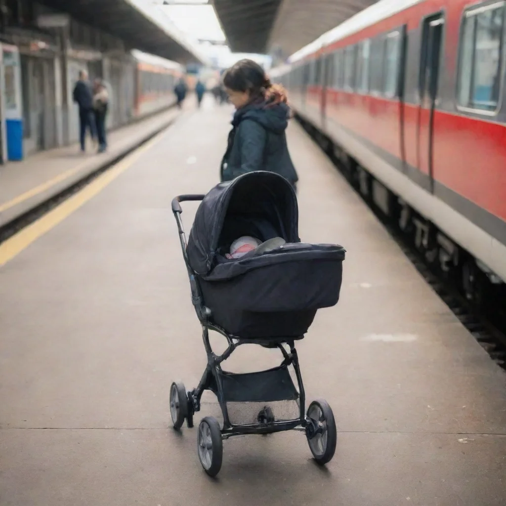 aiamazing newborn baby in a pram on a train platform awesome portrait 2