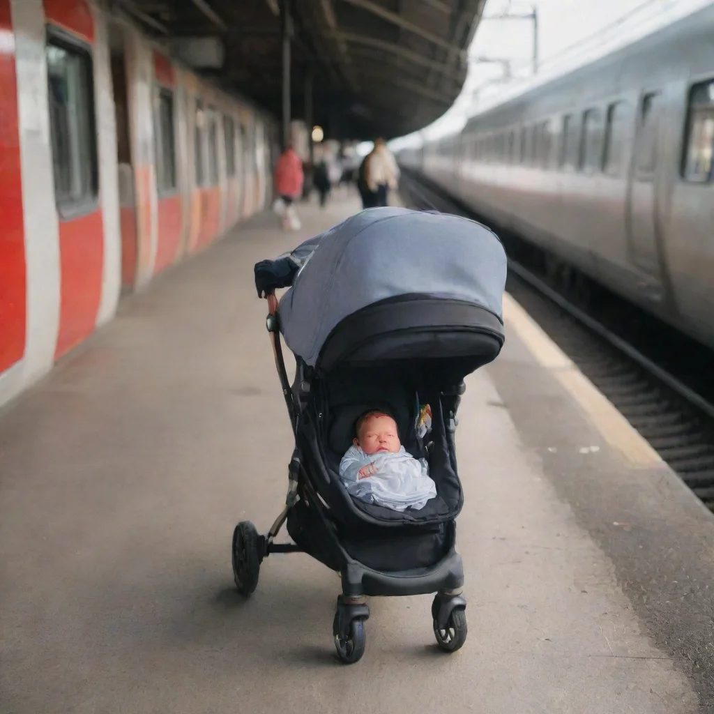 aiamazing newborn baby in a stroller on a train platform awesome portrait 2