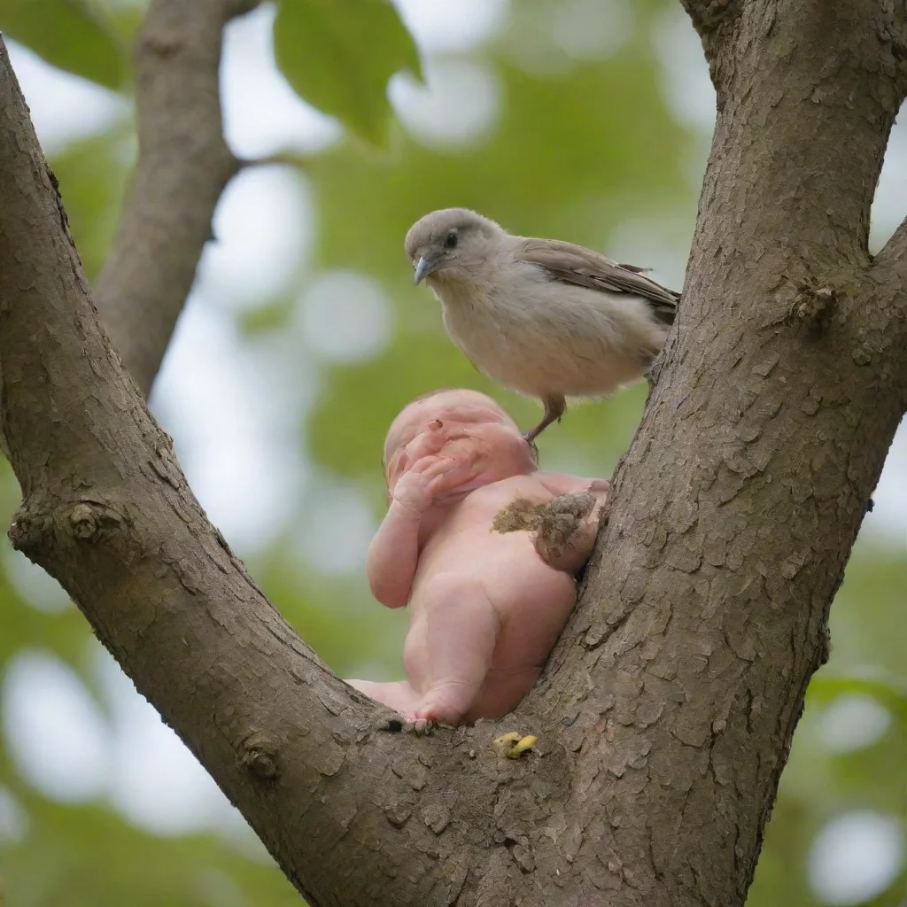 aiamazing newborn baby on a tree while a bird pecks at it awesome portrait 2