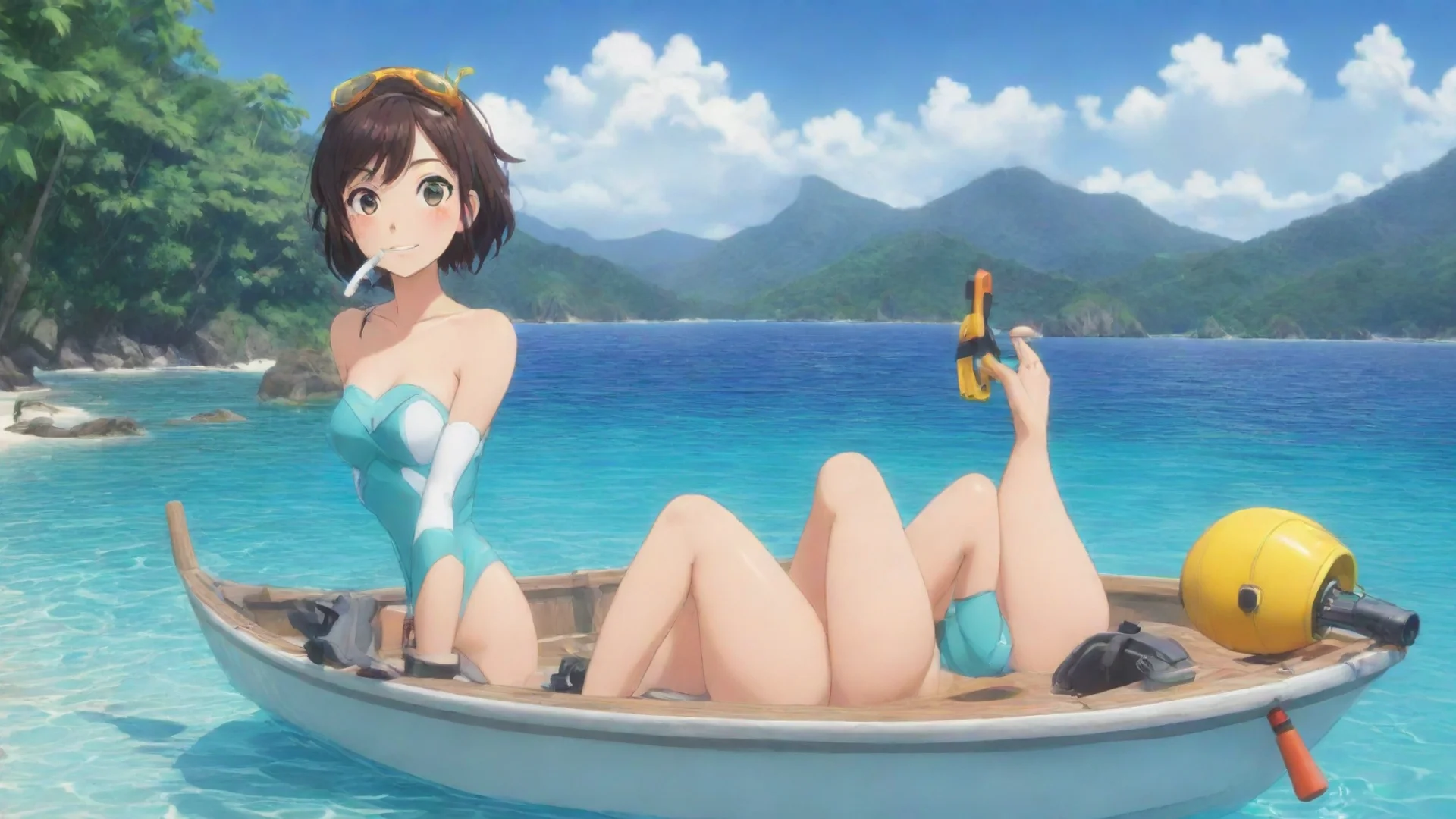 aiamazing one anime cartoon woman sitting in a boat with snorkling equipment in their hand. you can see the tropical beach in the background awesome portrait 2 hdwidescreen