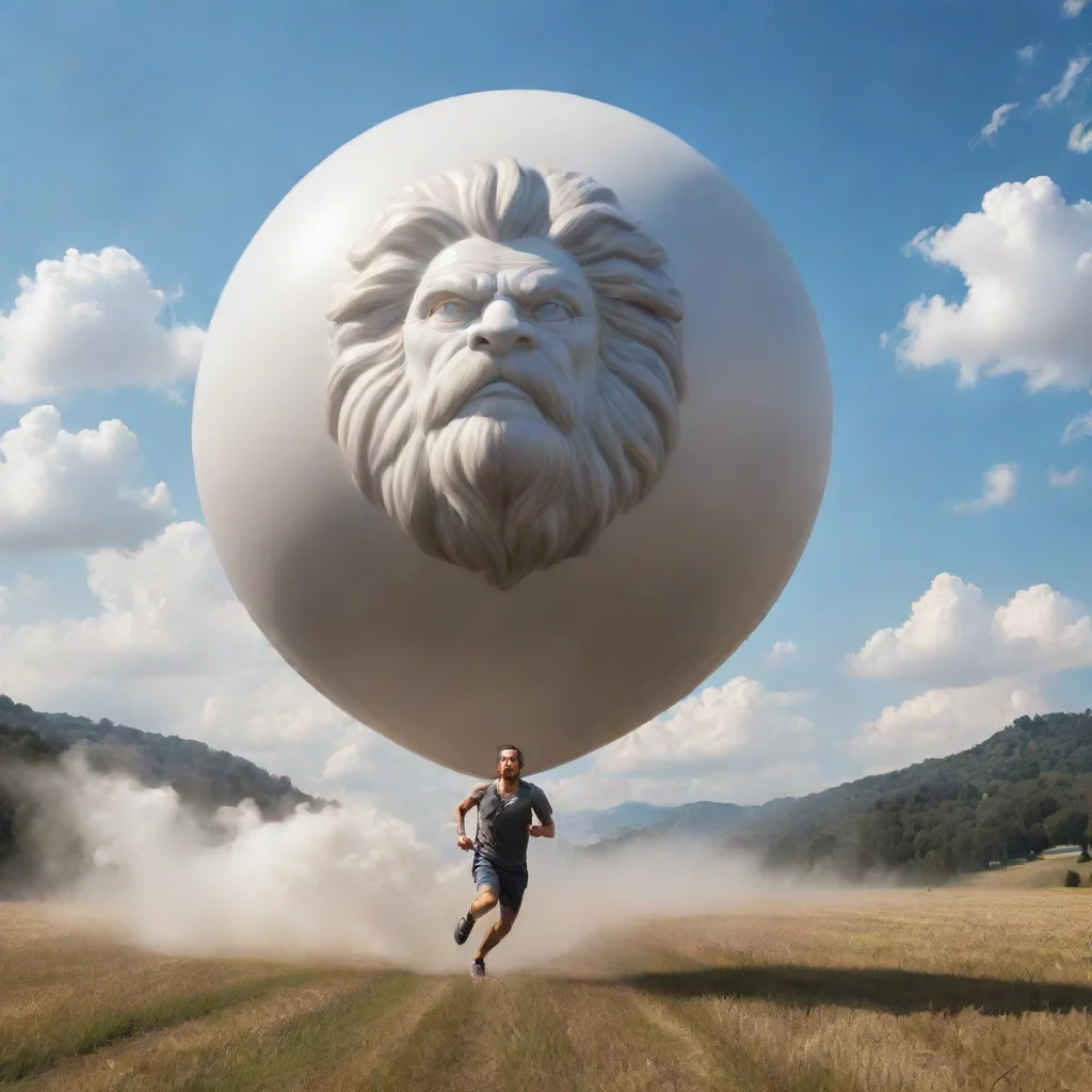 amazing person running fast under a detailed balloon that looks majestic and filled with zeus. awesome portrait 2