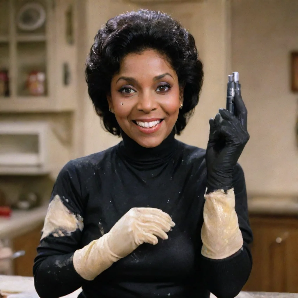 amazing phylicia rashad as clair huxtable from the cosby show smiling  with black deluxe edition nitrile gloves and gun and mayonnaise splattered everywhere awesome portrait 2