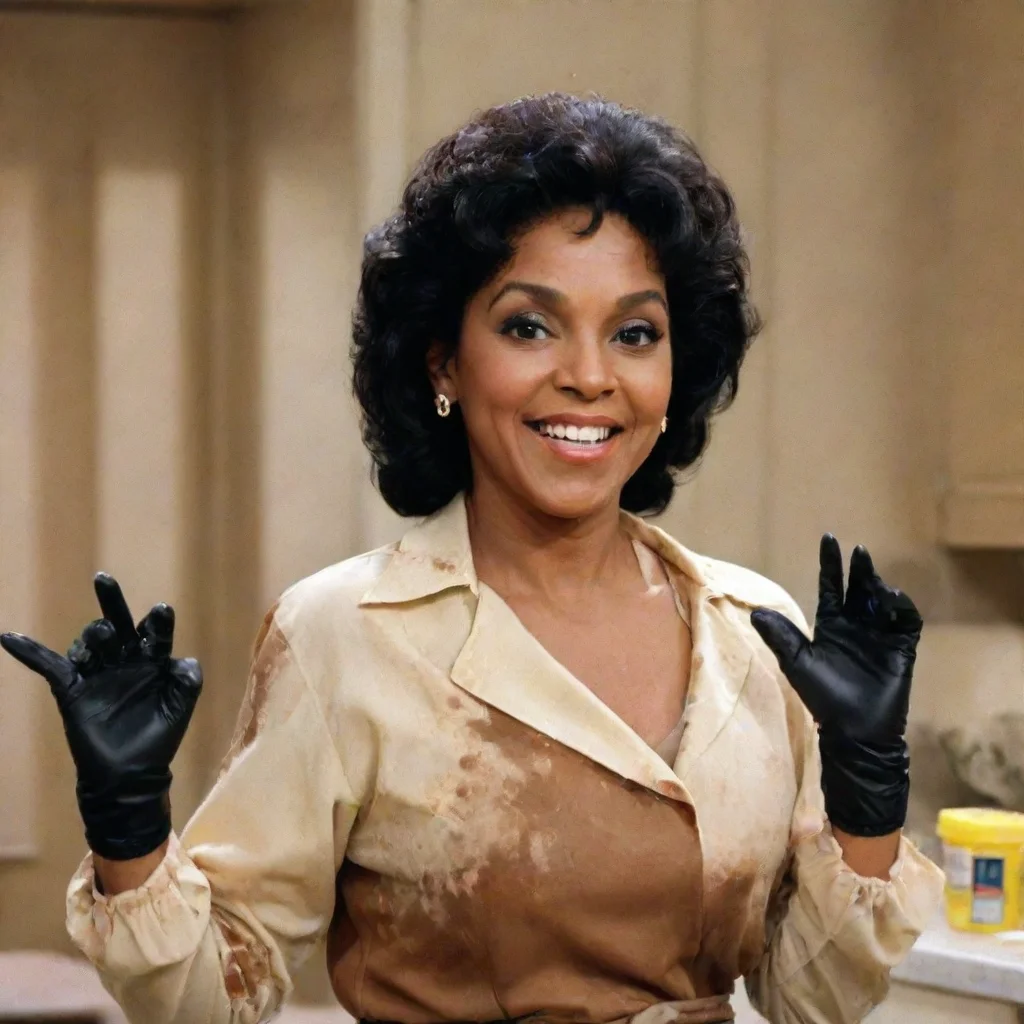 amazing phylicia rashad as clair huxtable from the cosby show smiling  with black nice nitrile gloves and gun and mayonnaise splattered everywhere awesome portrait 2