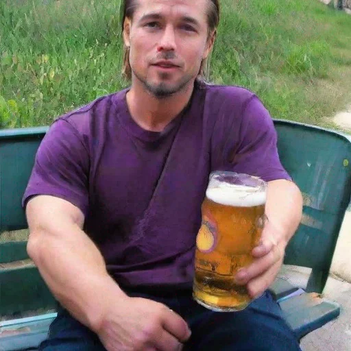 aiamazing picture of brad pitt holding a beer with a purple shirt awesome portrait 2