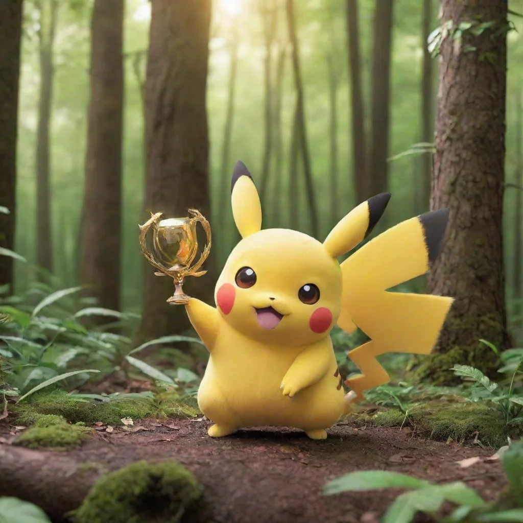 aiamazing pikachu in a forest holding a trophy awesome portrait 2