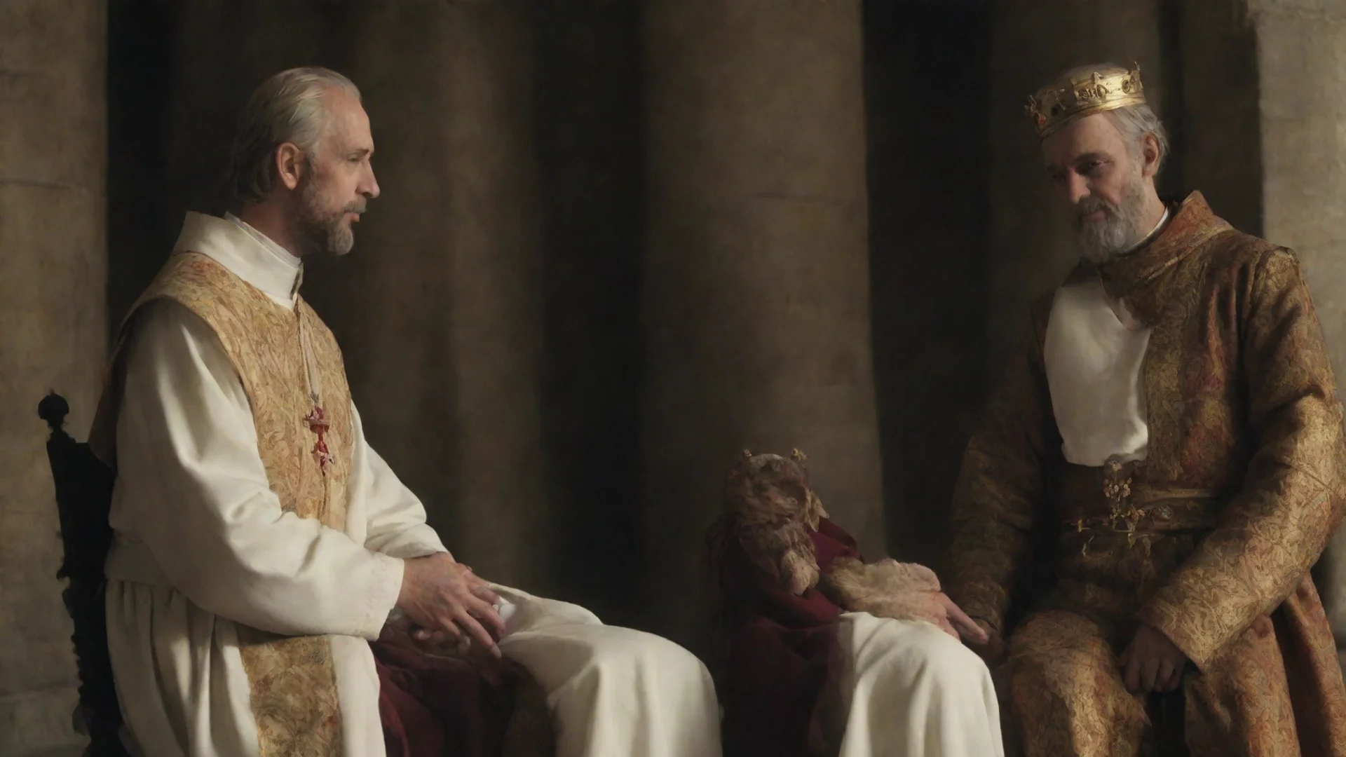 amazing priest and medieval king sit and talk  awesome portrait 2 wide