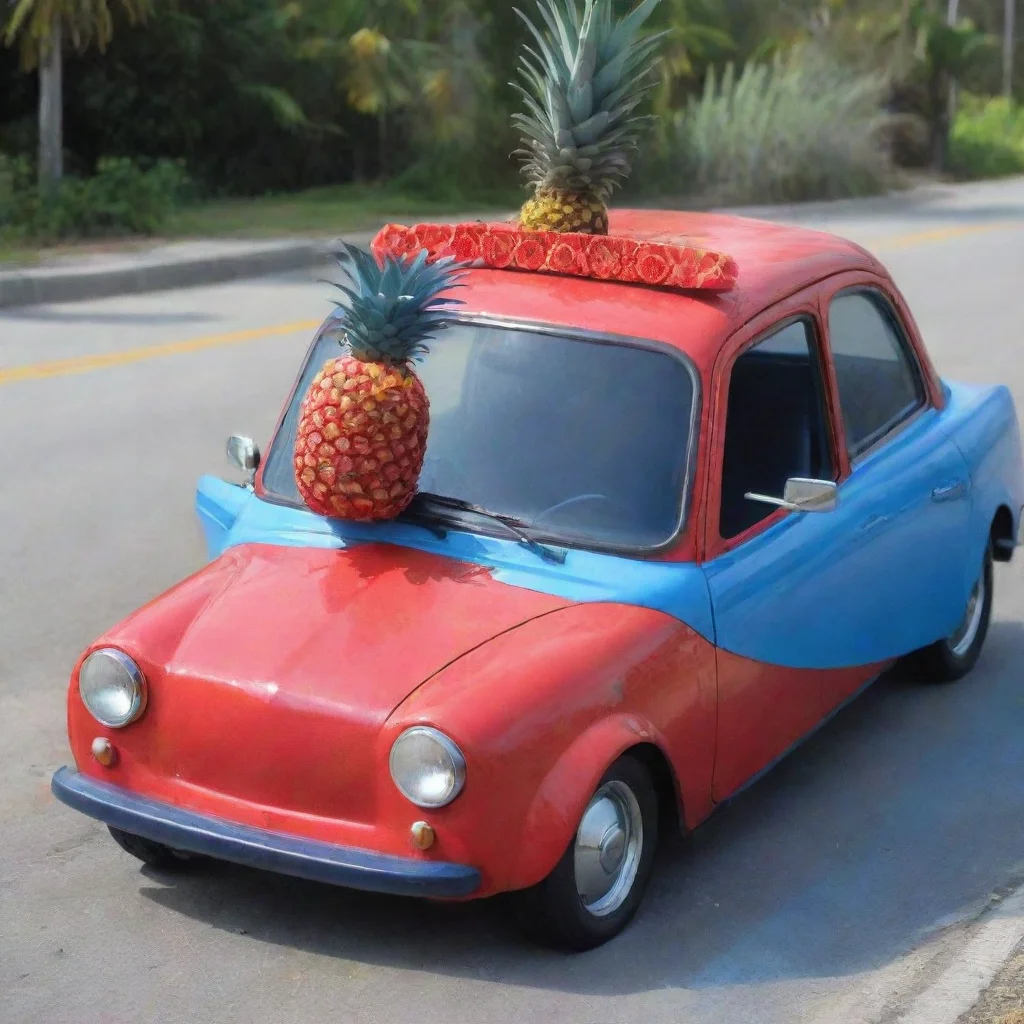 amazing red pineapple driving blue car awesome portrait 2