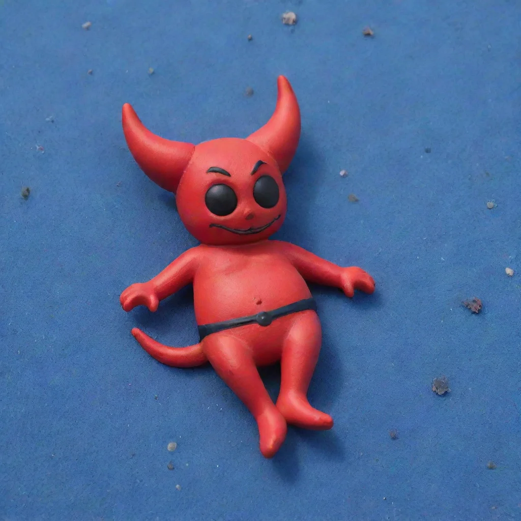 amazing red toy devil lying on blue sand awesome portrait 2