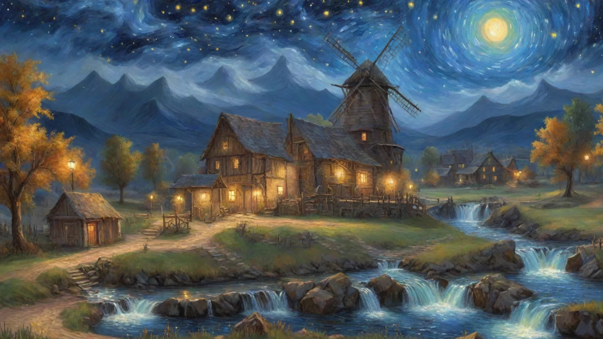 aiamazing relaxing art wonderful vah gogh stary night windmill village waterfall awesome portrait 2 hdwidescreen