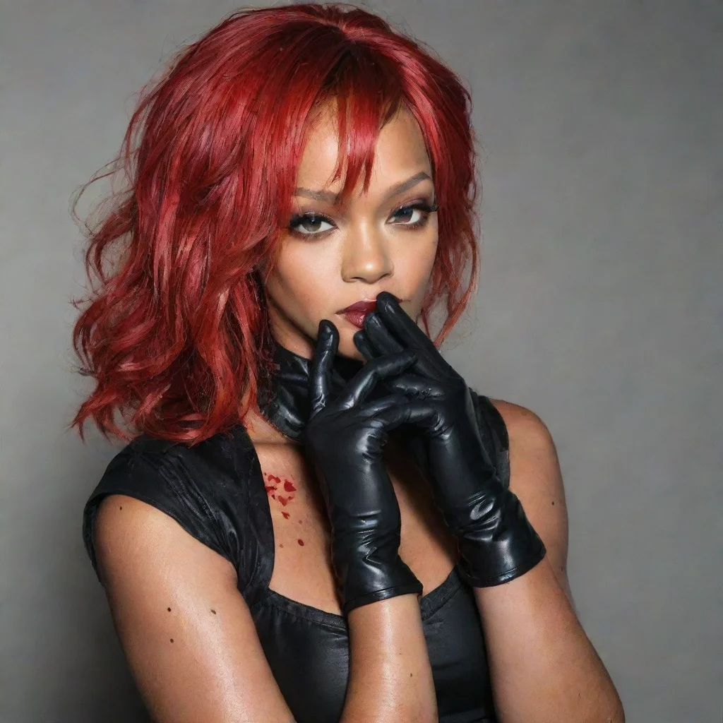 amazing rihanna red hair with black comfy  nitrile gloves and gun and mayonnaise splattered everywhere awesome portrait 2