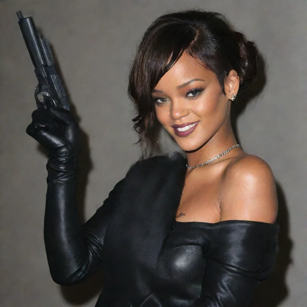 amazing rihanna smiling with black gloves and gun awesome portrait 2