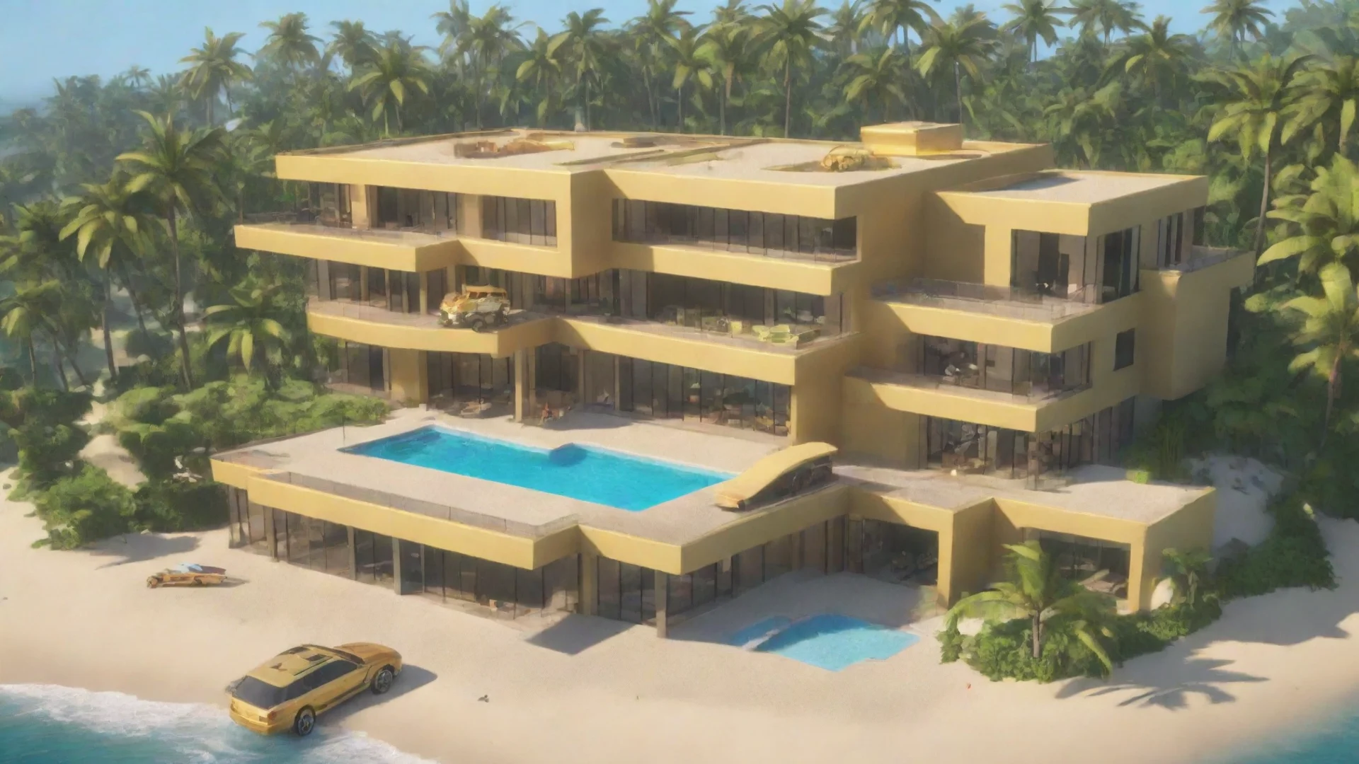 aiamazing roblox modern mansion on beach with gold car in center and helicopter awesome portrait 2 wide