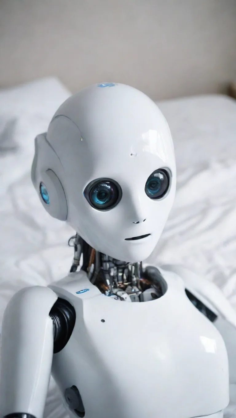 aiamazing robot on bed beautiful aesthetic open eyes wide eyes celar waking of intelligence awesome portrait 2 tall