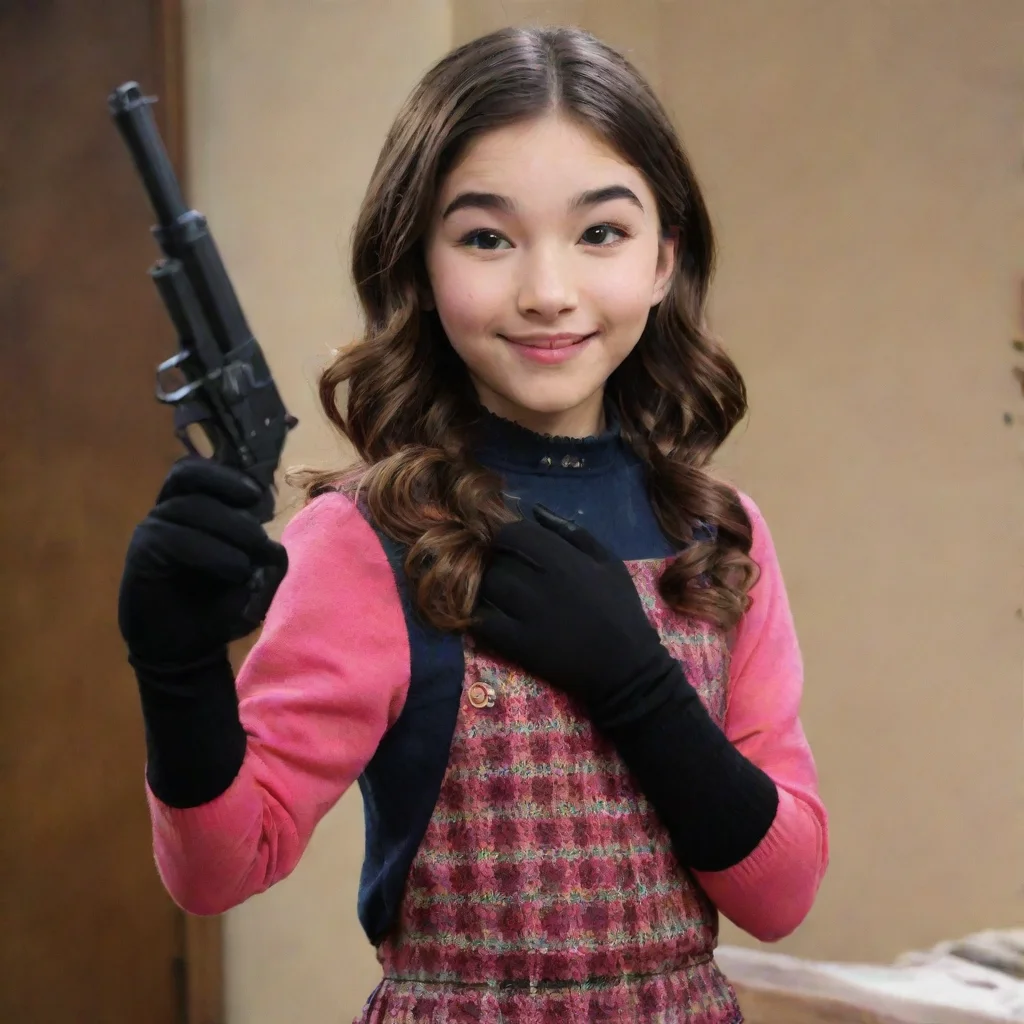 amazing rowan blanchard as riley mathews from girl meets world smiling with black gloves and gun shooting mayonnaise awesome portrait 2