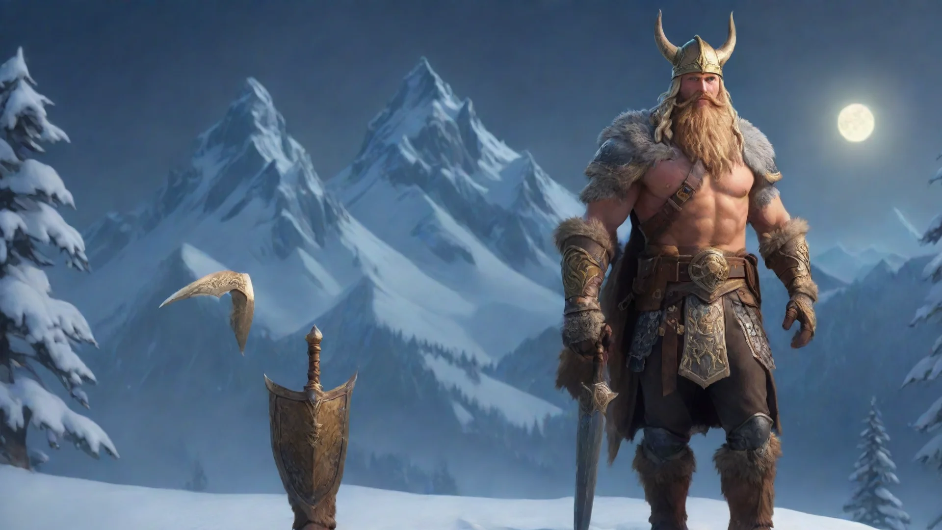 aiamazing runescape guilded armour on blonde bearded character with viking hat on top of a snowy mountain with trees in a moonlit background awesome portrait 2 hdwidescreen