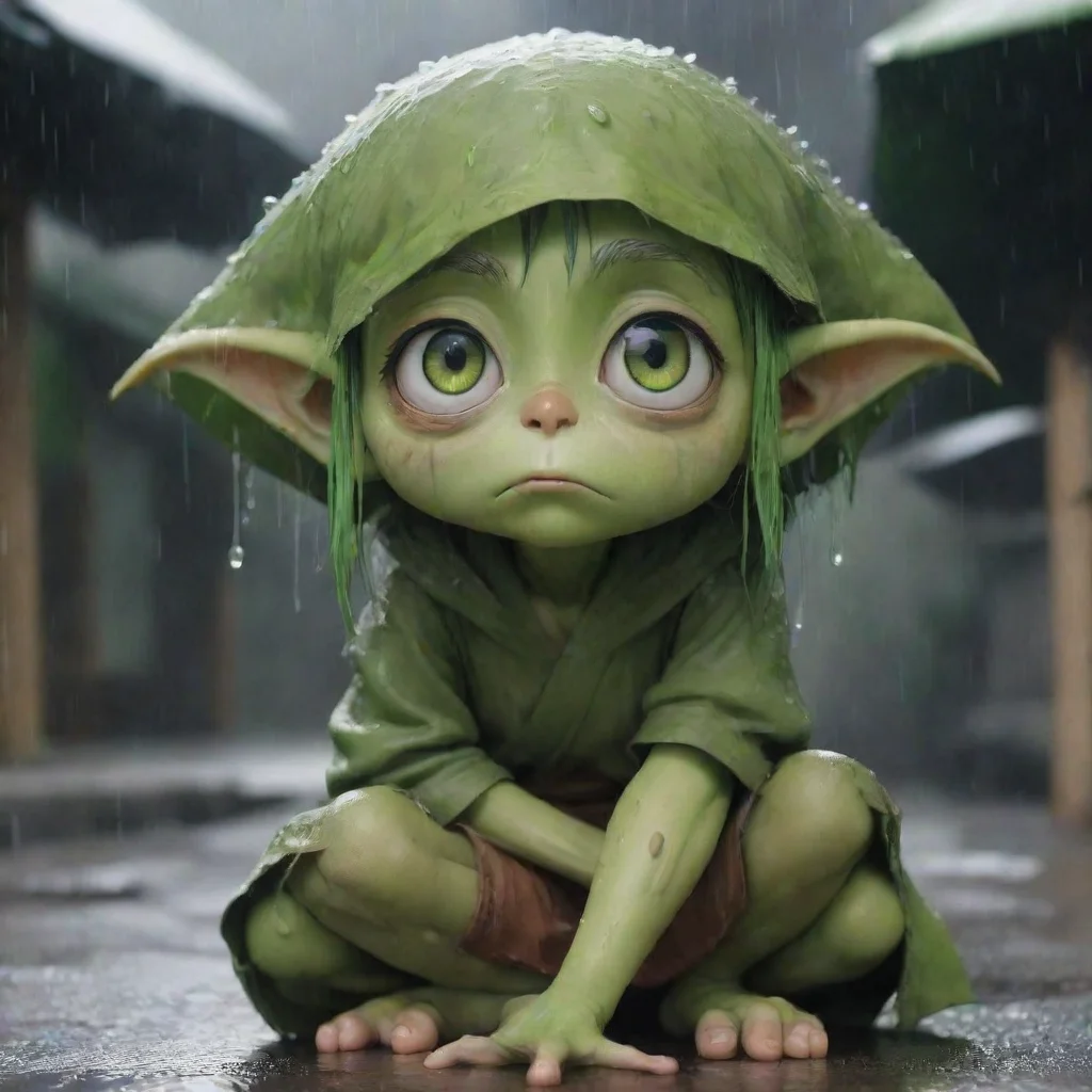 aiamazing sad cute anime goblin girl green skinned beggar rain awesome portrait 2