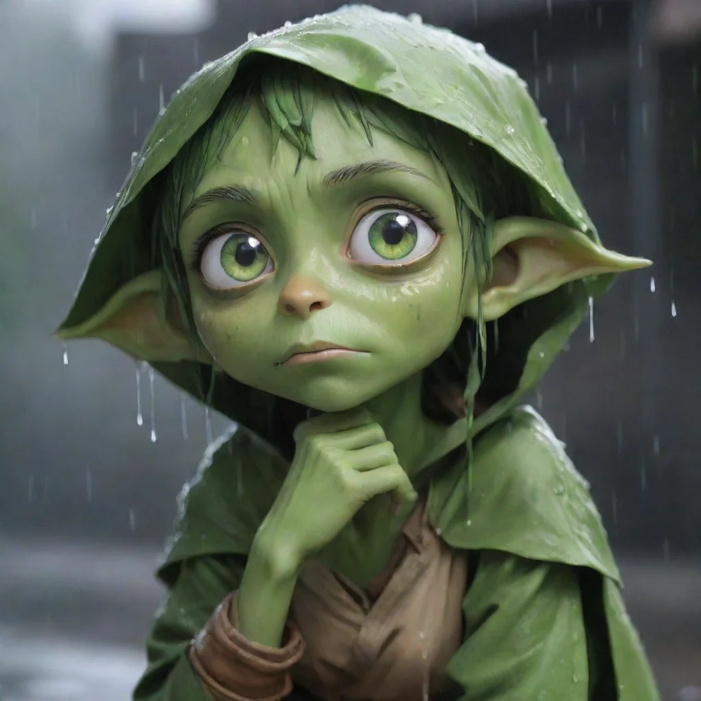 aiamazing sad cute anime goblin woman green skinned beggar rain awesome portrait 2