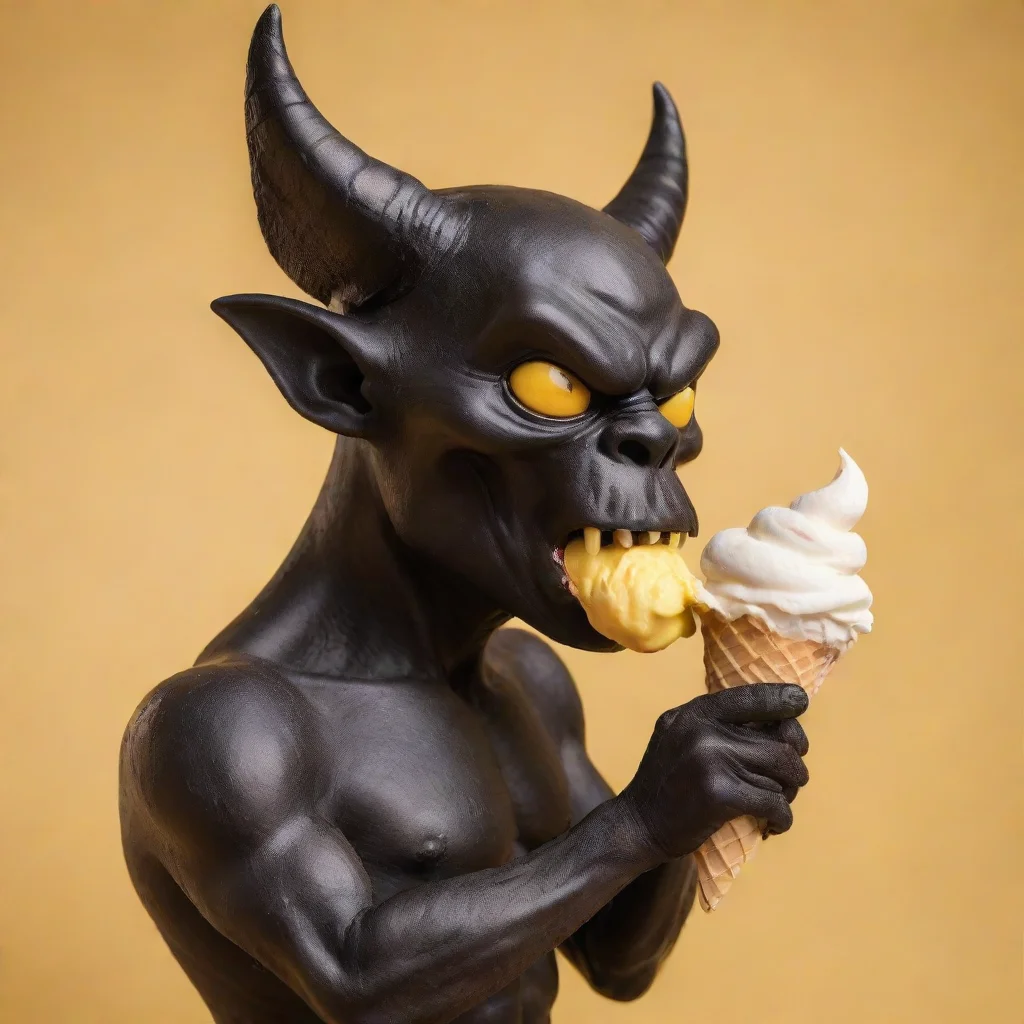 aiamazing side angle of a black devil licking a vanilla icecream cone with yellow background  awesome portrait 2