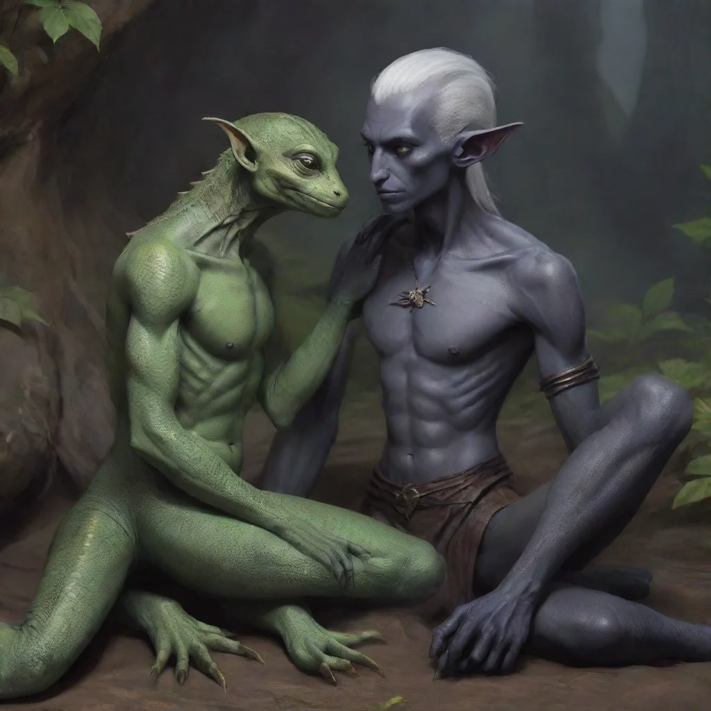aiamazing skinny dark elf cuddles with lizard men awesome portrait 2