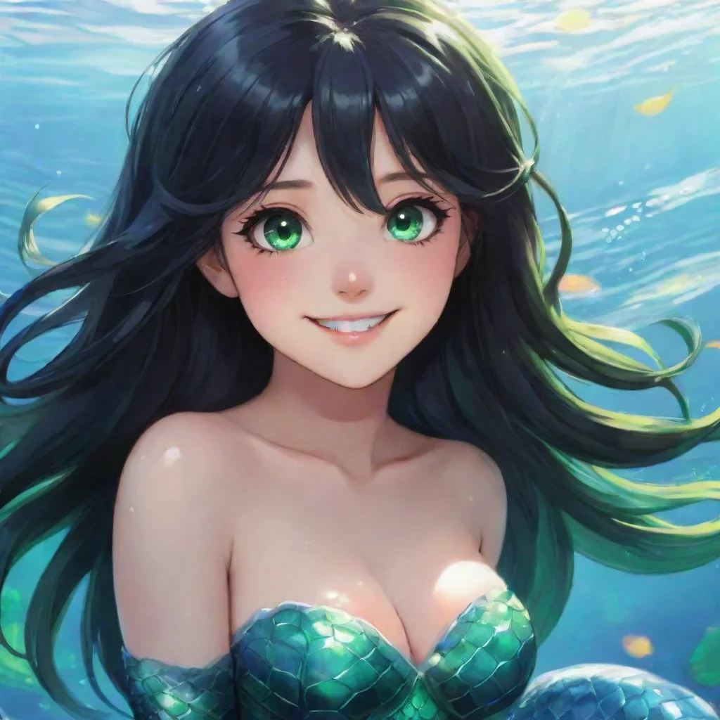amazing smiling anime anime mermaid with black hair and green eyes awesome portrait 2