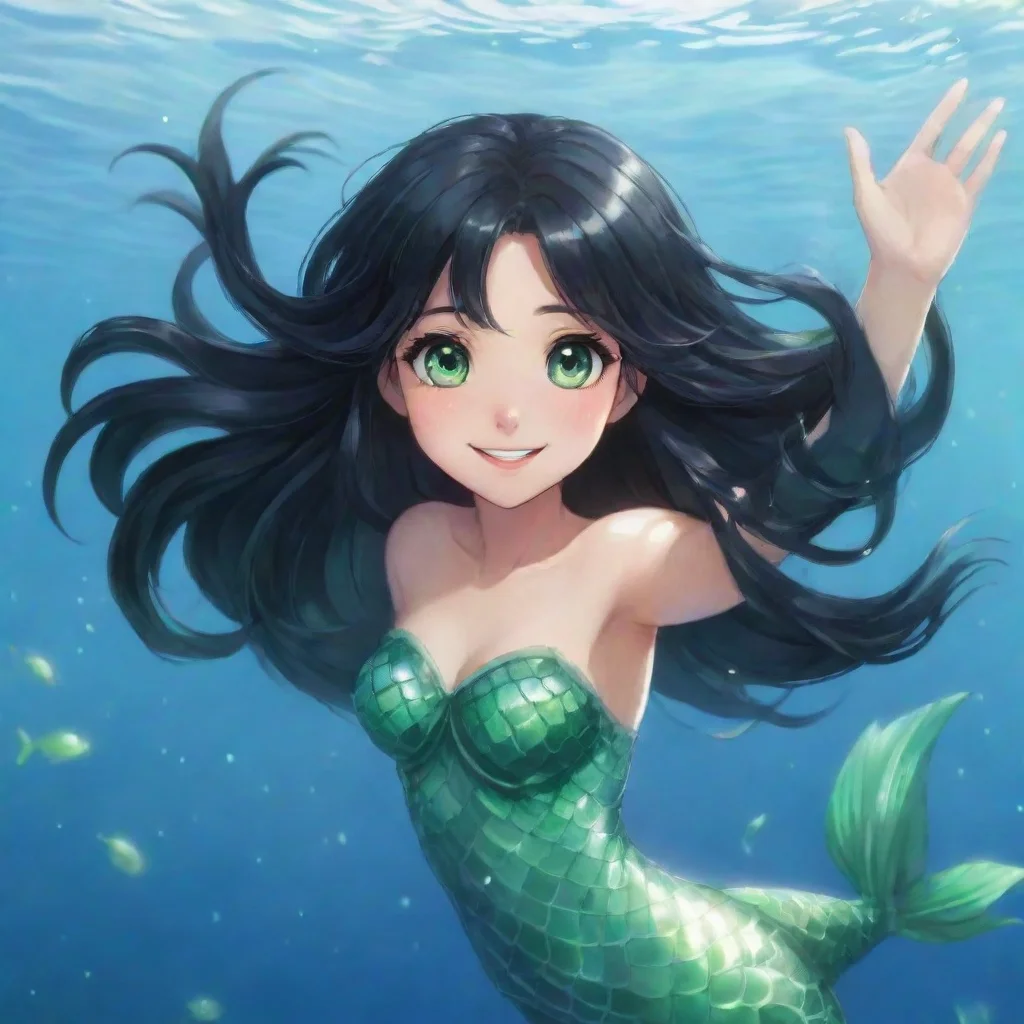 aiamazing smiling anime anime mermaid with black hair and green eyes waving awesome portrait 2