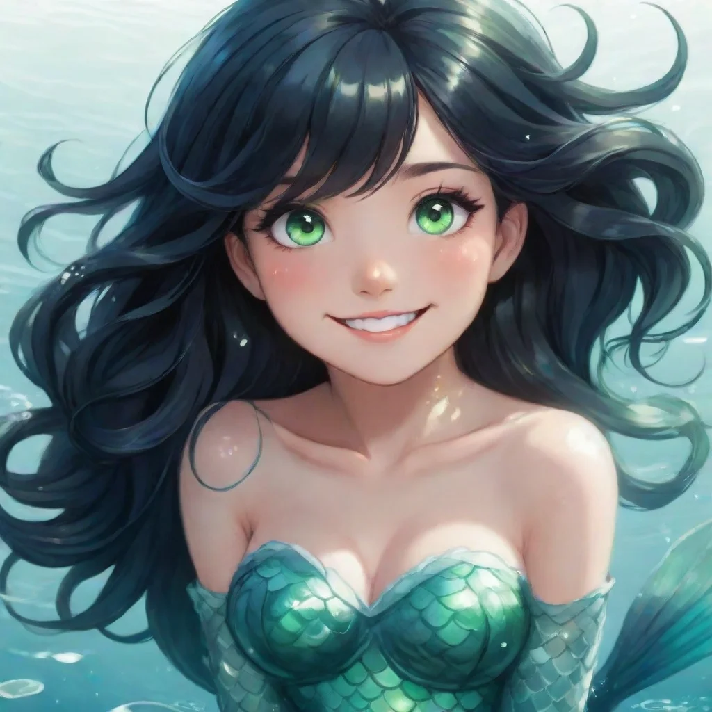 amazing smiling anime mermaid with black hair and green eyes awesome portrait 2