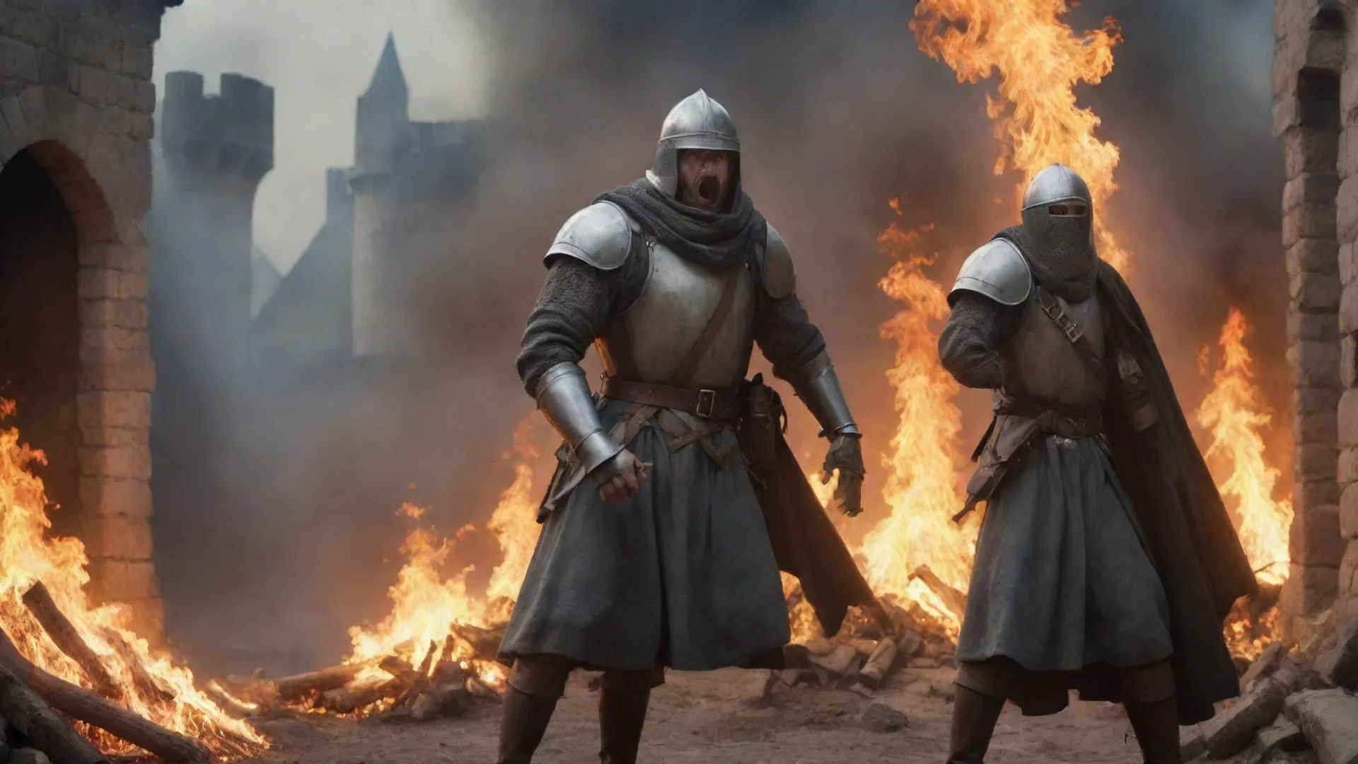 aiamazing soldier in a medieval siege scared of the fire spell awesome portrait 2 wide