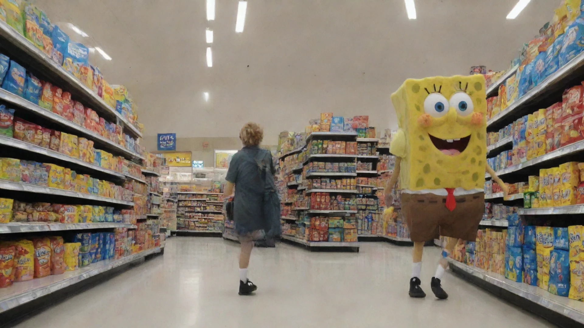 amazing spongebob walking into a walmart. awesome portrait 2 wide