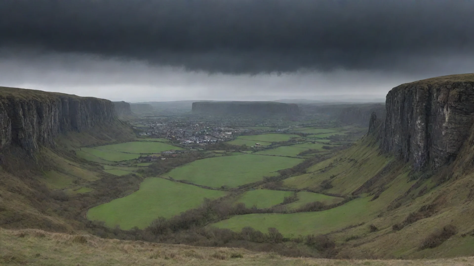 aiamazing spooky town in distance sweeping views cliffs fields dark cloudy sky awesome portrait 2 wide