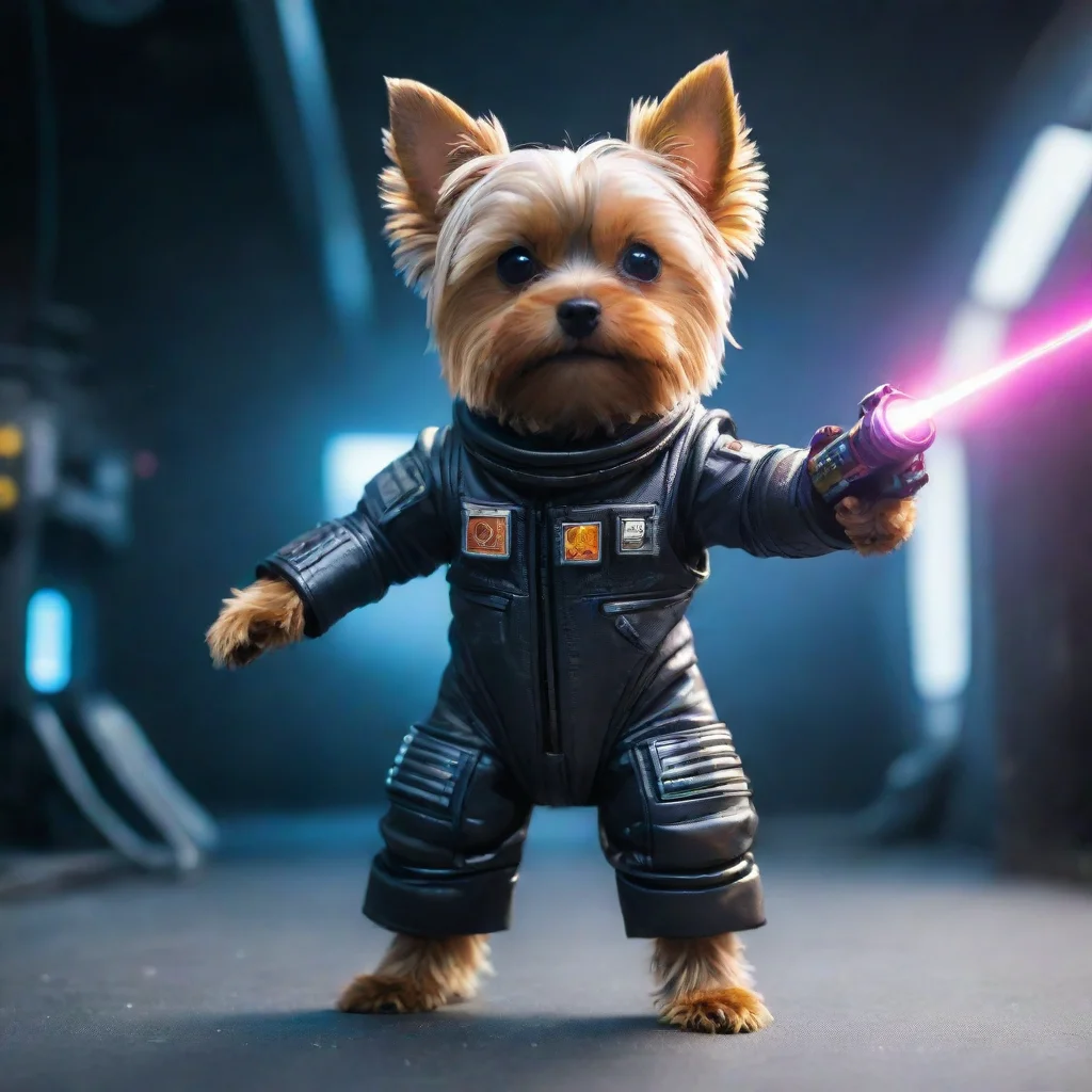 aiamazing standing yorkshire terrier in a cyberpunk space suit firing n laser confident. awesome portrait 2