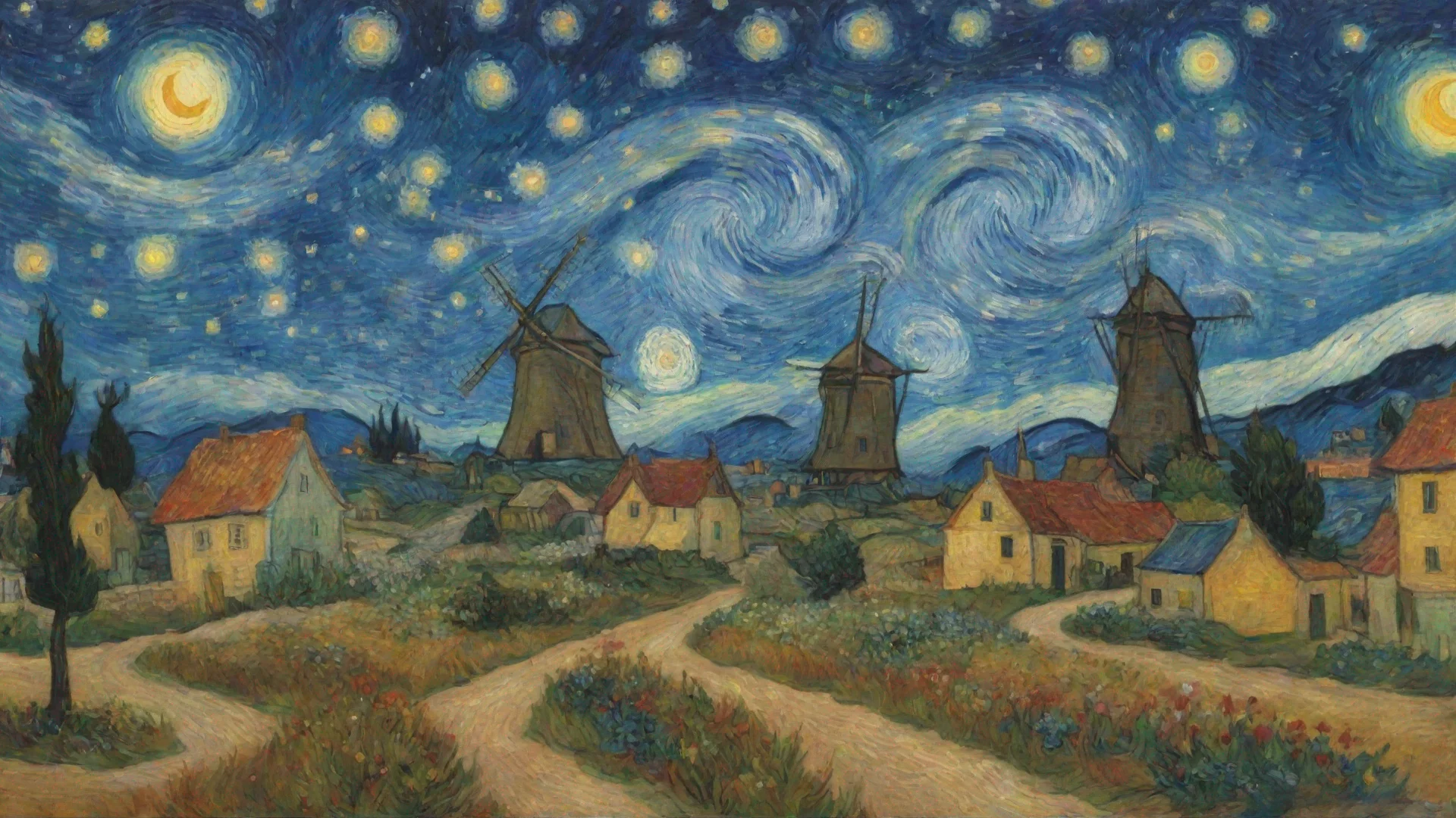aiamazing summer time flowers van gogh epic town windmill starry night  awesome portrait 2