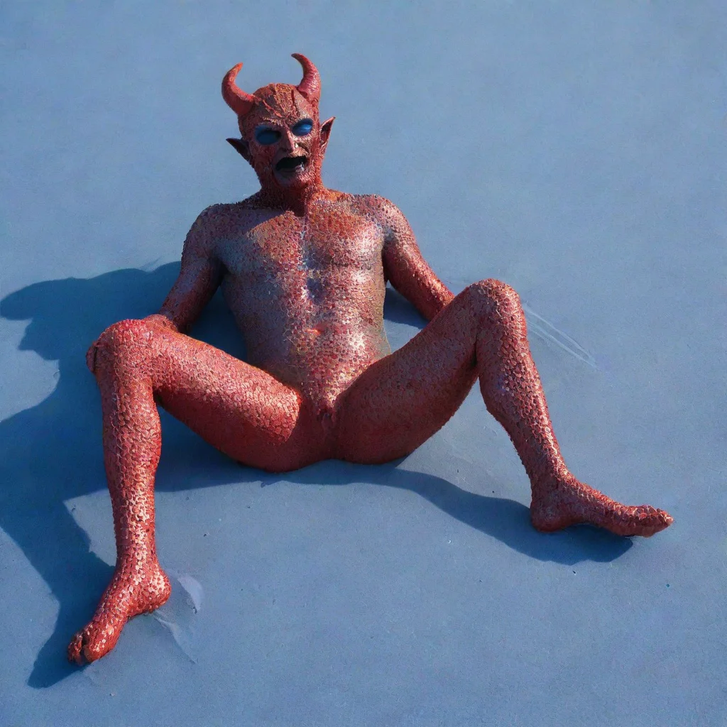 aiamazing the devil sunbaking on blue sand in chainmail awesome portrait 2