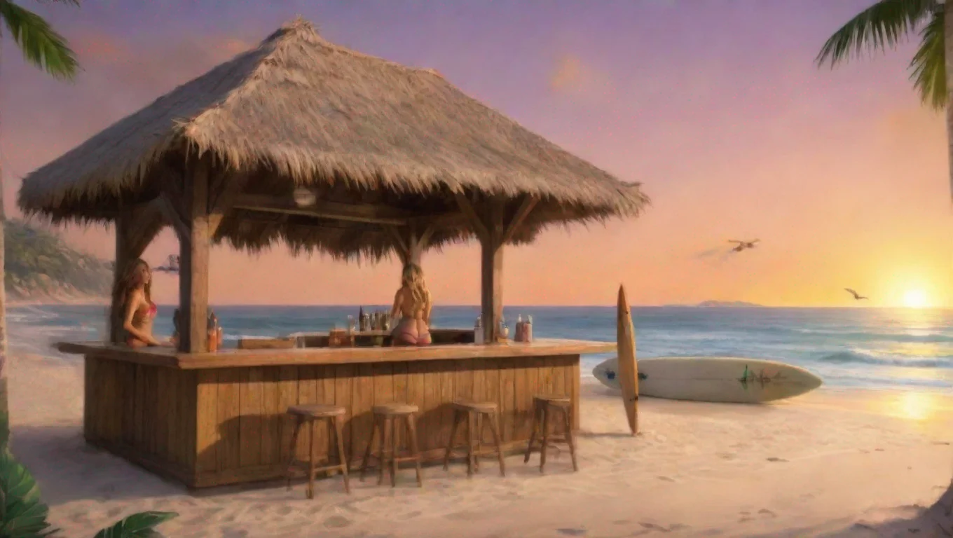 aiamazing there are a couple women in swimwear at the bar and surfboards are on the beach awesome portrait 2