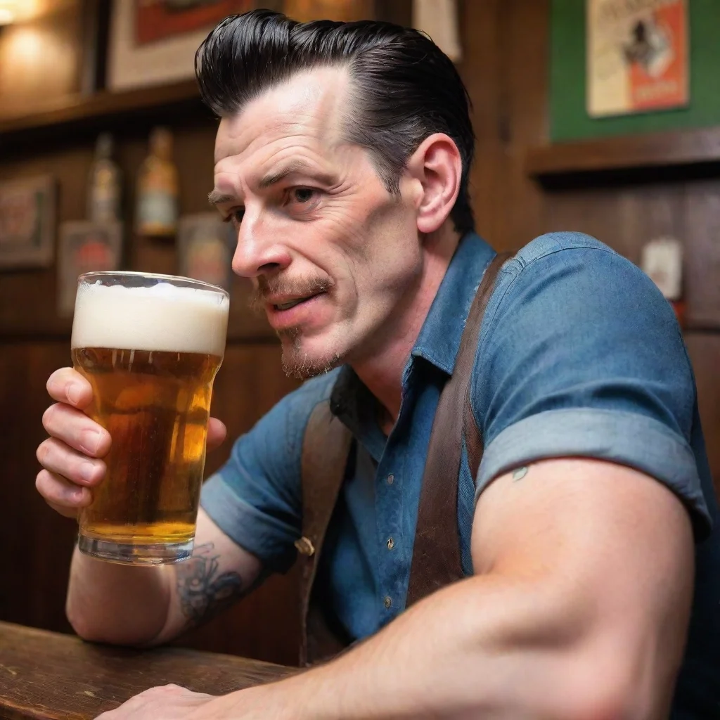 amazing thin rockabilly man drinking a pint of water at the pub awesome portrait 2