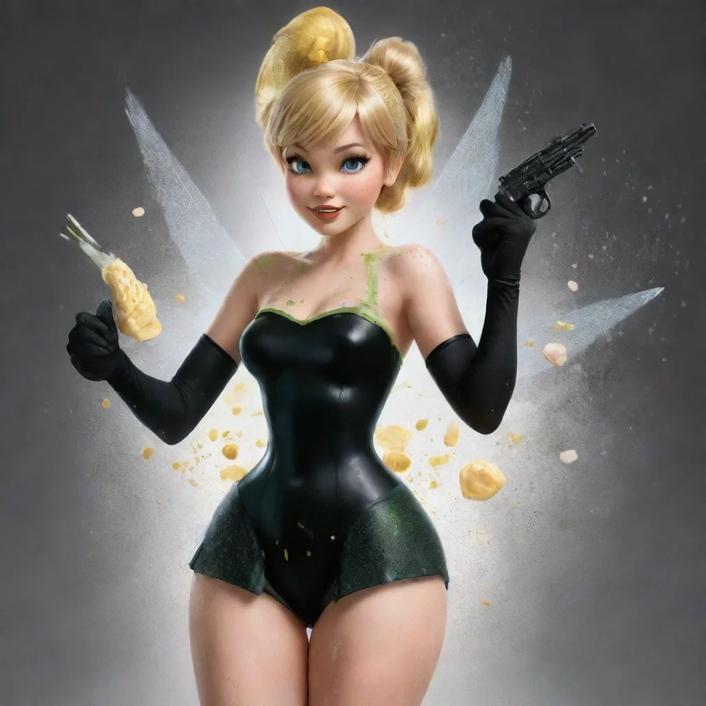 amazing tinker bell from disney with black gloves and gun and mayonnaise splattered everywhere awesome portrait 2