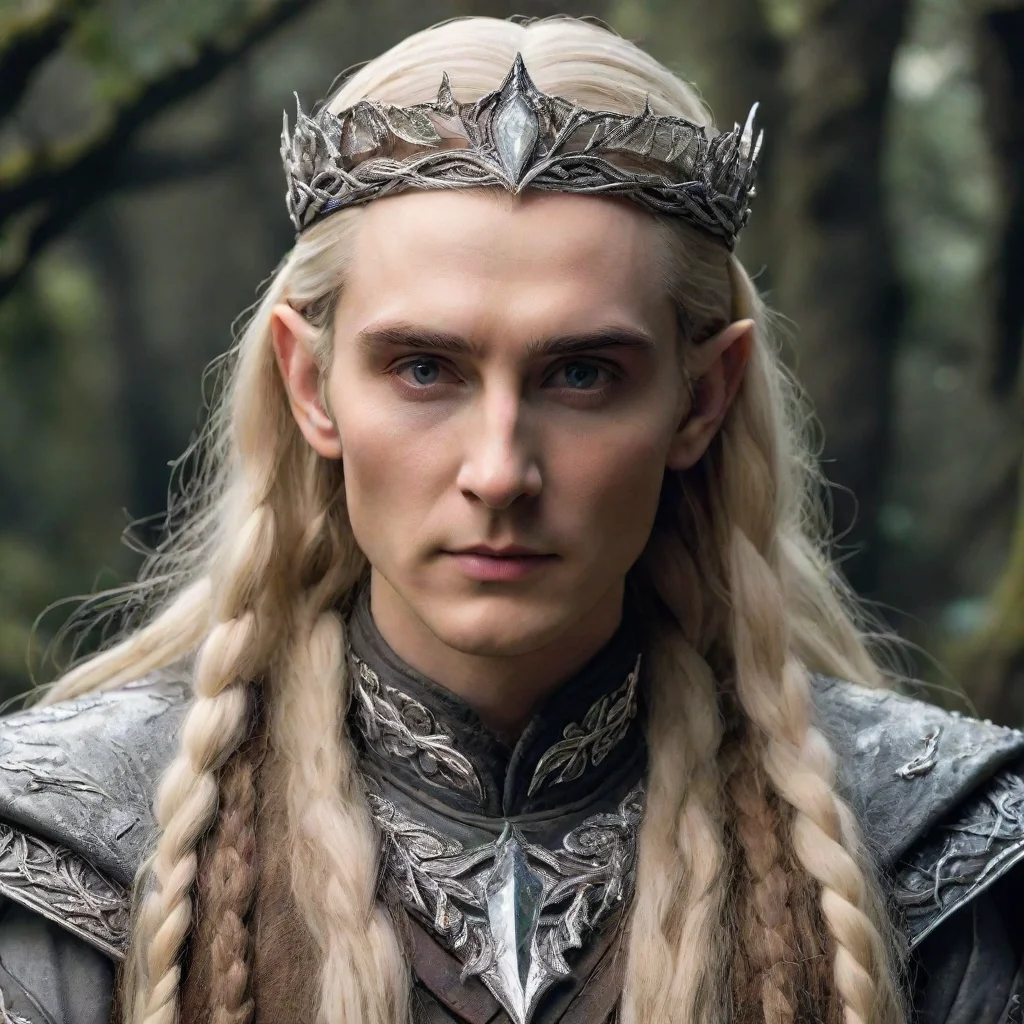 amazing tolkien king thranduil with blond hair and braids wearing silver oak leaf serpentine circlet encrusted with diamonds with large center diamond awesome portrait 2