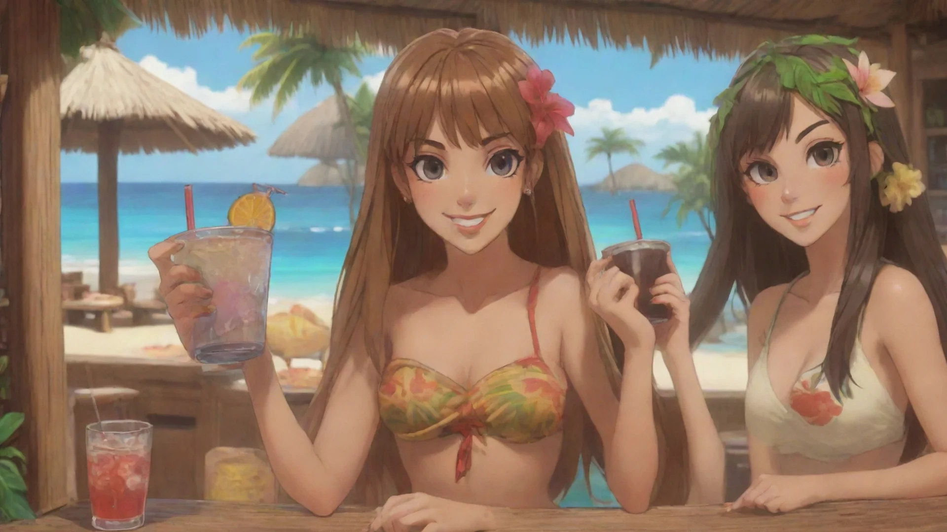 aiamazing two anime cartoon women in a tiki bar by the beach paying video games awesome portrait 2 hdwidescreen