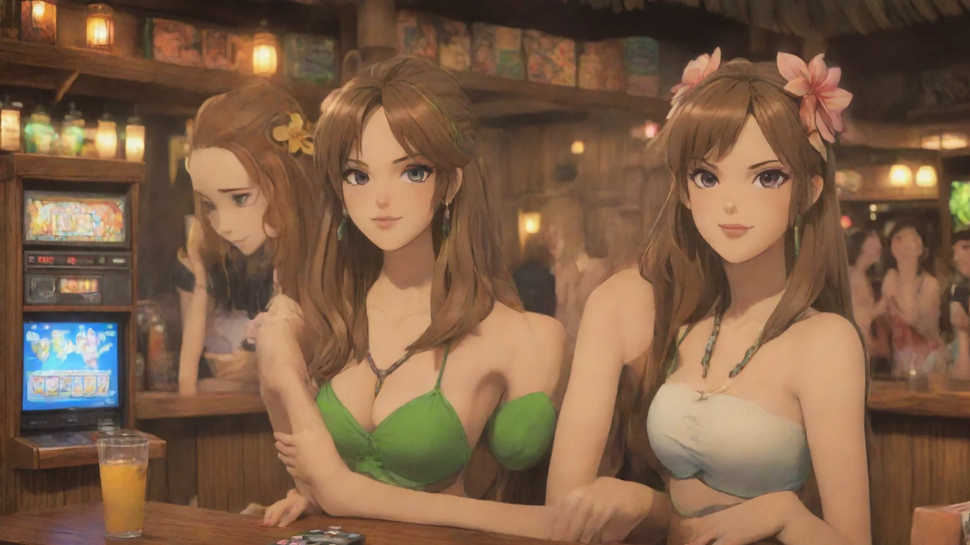 amazing two anime cartoon women in a tiki bar paying video games awesome portrait 2 hdwidescreen