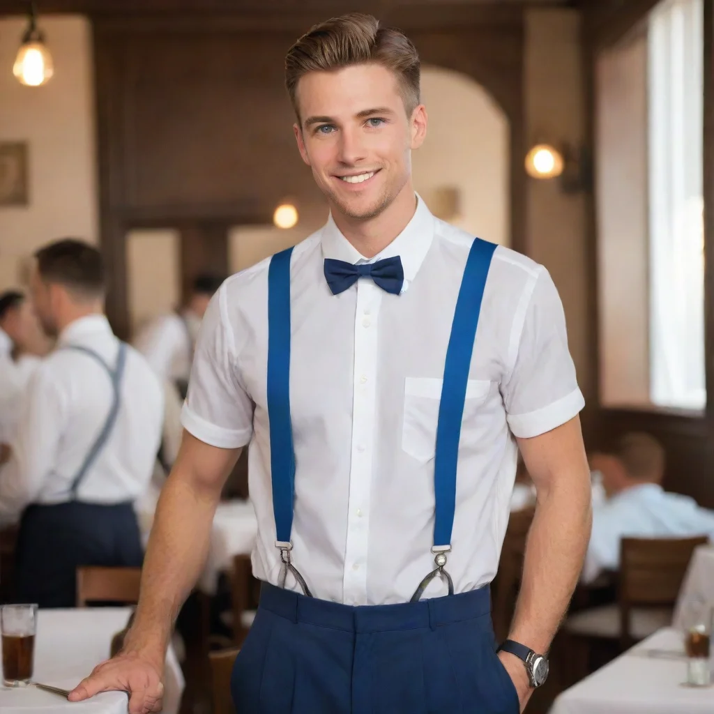 amazing waiter serving beverage in white shirt with blue suspenders awesome portrait 2