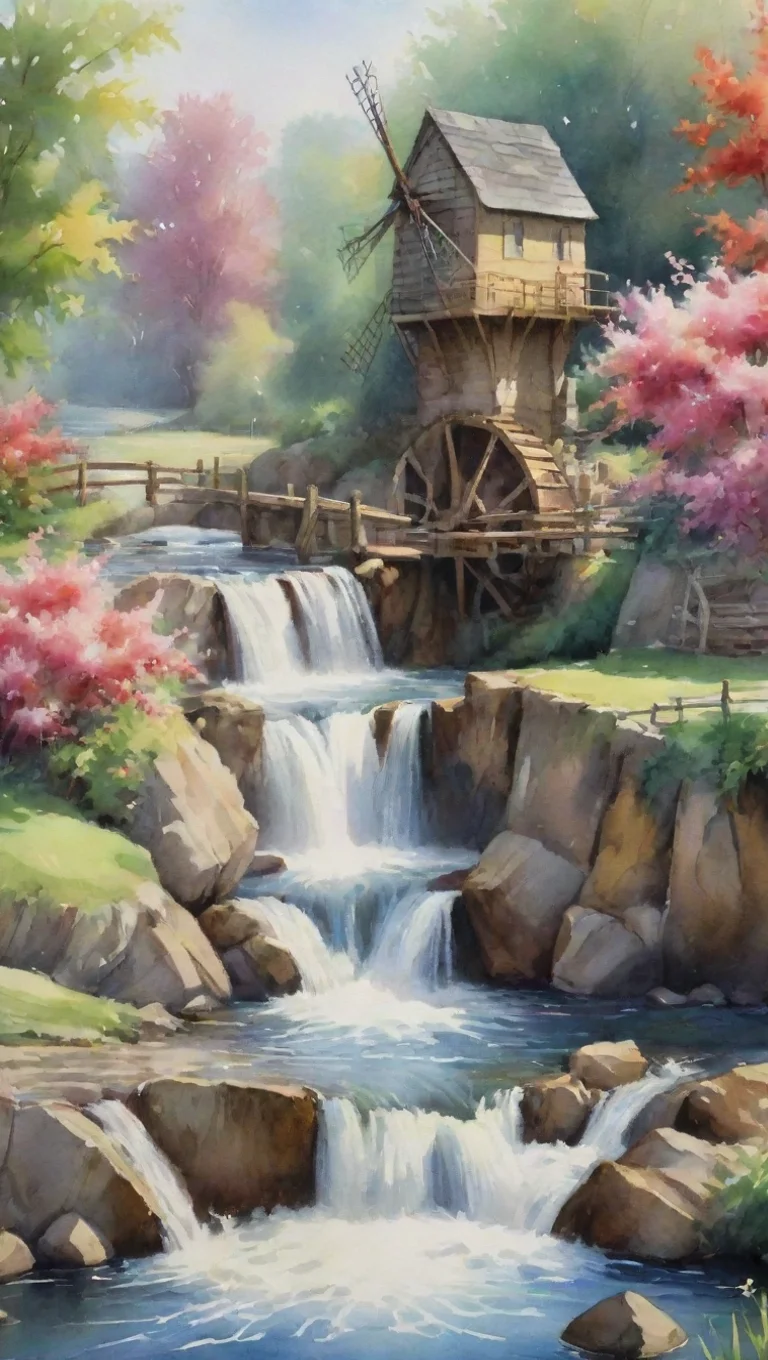 aiamazing watercolor hd detail water windmilll watermill flowers river waterfall peaceful awesome portrait 2 tall
