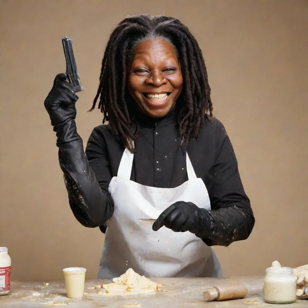 amazing whoopi goldberg smiling with black gloves and gun and mayonnaise splattered everywhere awesome portrait 2