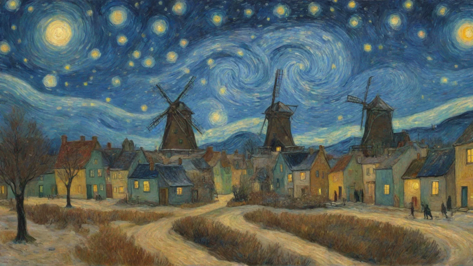 aiamazing winter time snow van gogh epic town windmill starry night  awesome portrait 2